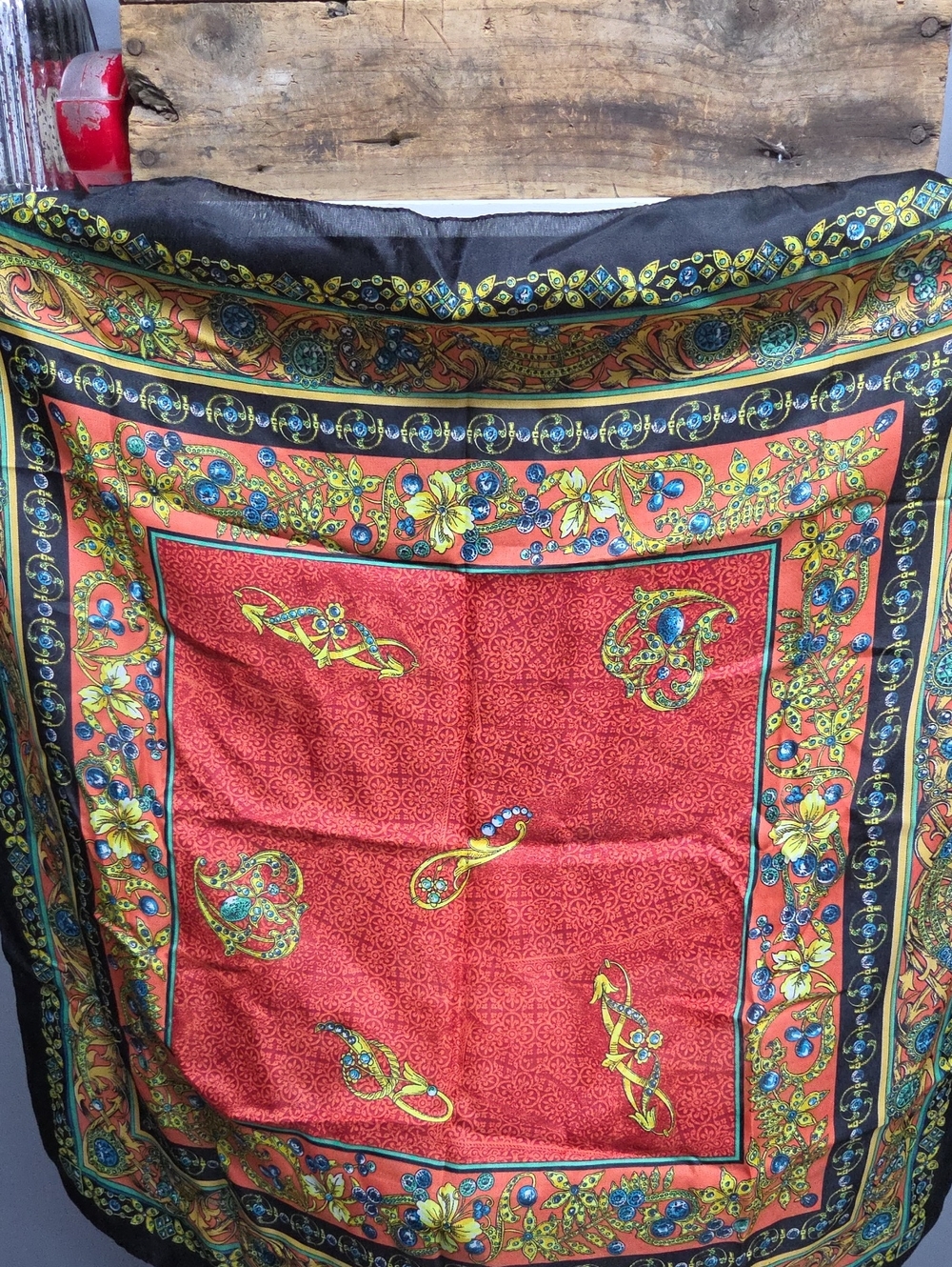 Vintage Berkshire Square Scarf Red Teal Gold Ornate Border